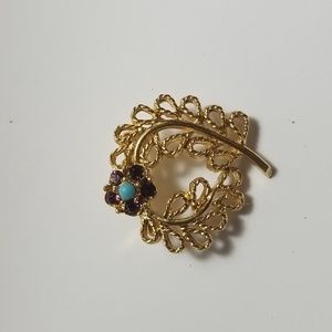 Vintage  Goldtone Turquoise Stone/ purple Crystals Wreath Brooch flower
